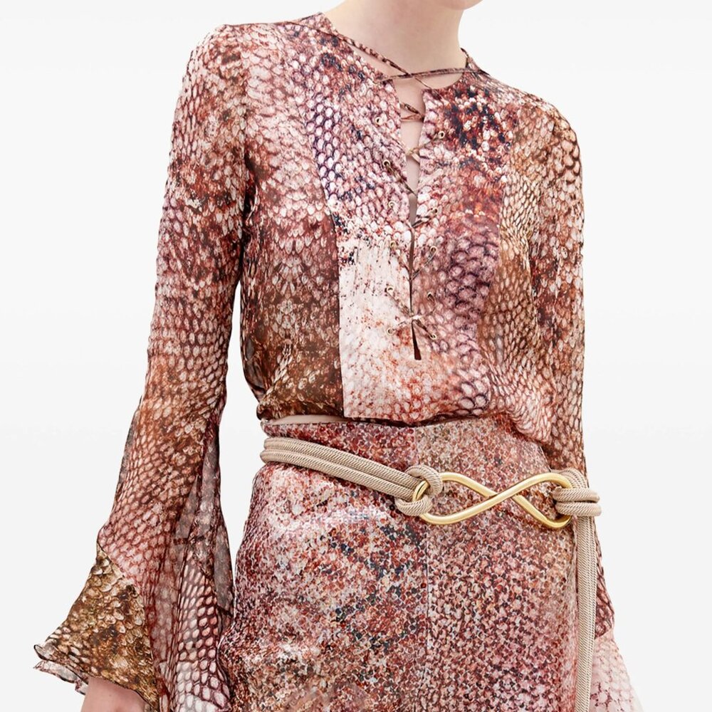 Silvia Tcherassi Thea Snakeskin-Print 100% Silk Laced Flare-Sleeve Blouse Size M